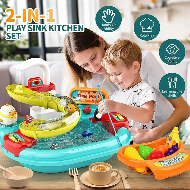 2-in-1 Dishwashing Basin Toys with Fishing Game and Water Circulation, Safe for Kids Ages 3+