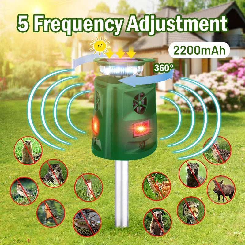 360° Ultrasonic Solar Animal Repeller with LED Light