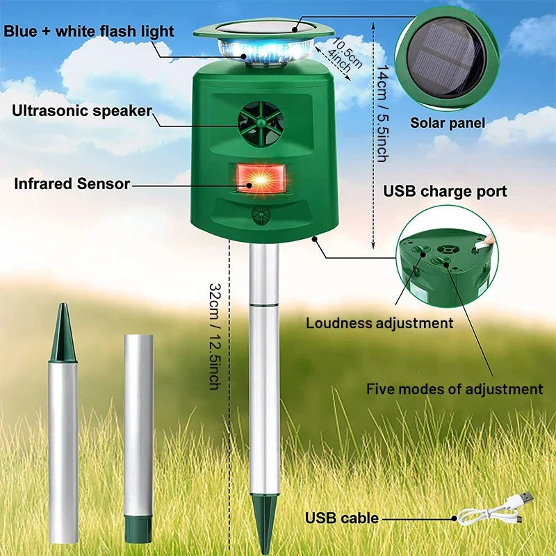 360° Ultrasonic Solar Animal Repeller with LED Light