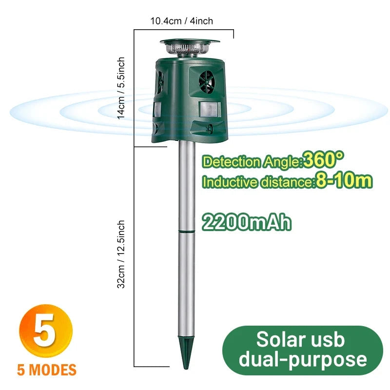 360° Ultrasonic Solar Animal Repeller with LED Light