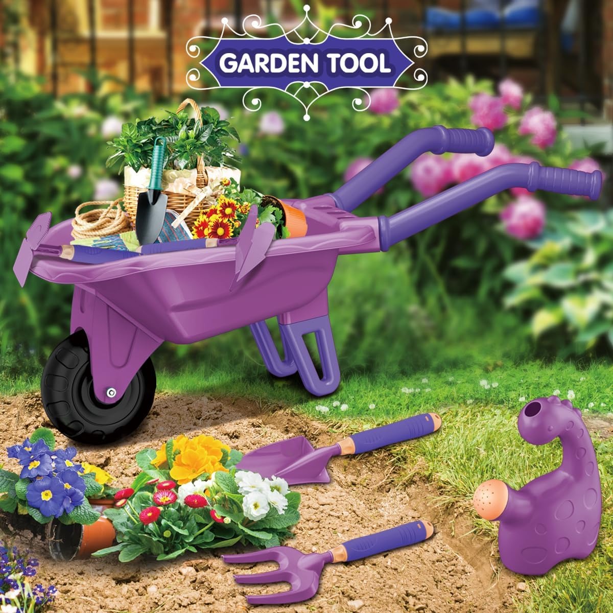 Outdoor Children’s Gardening Set with Children’s Wheelbarrow Set and Plastic Watering Can
