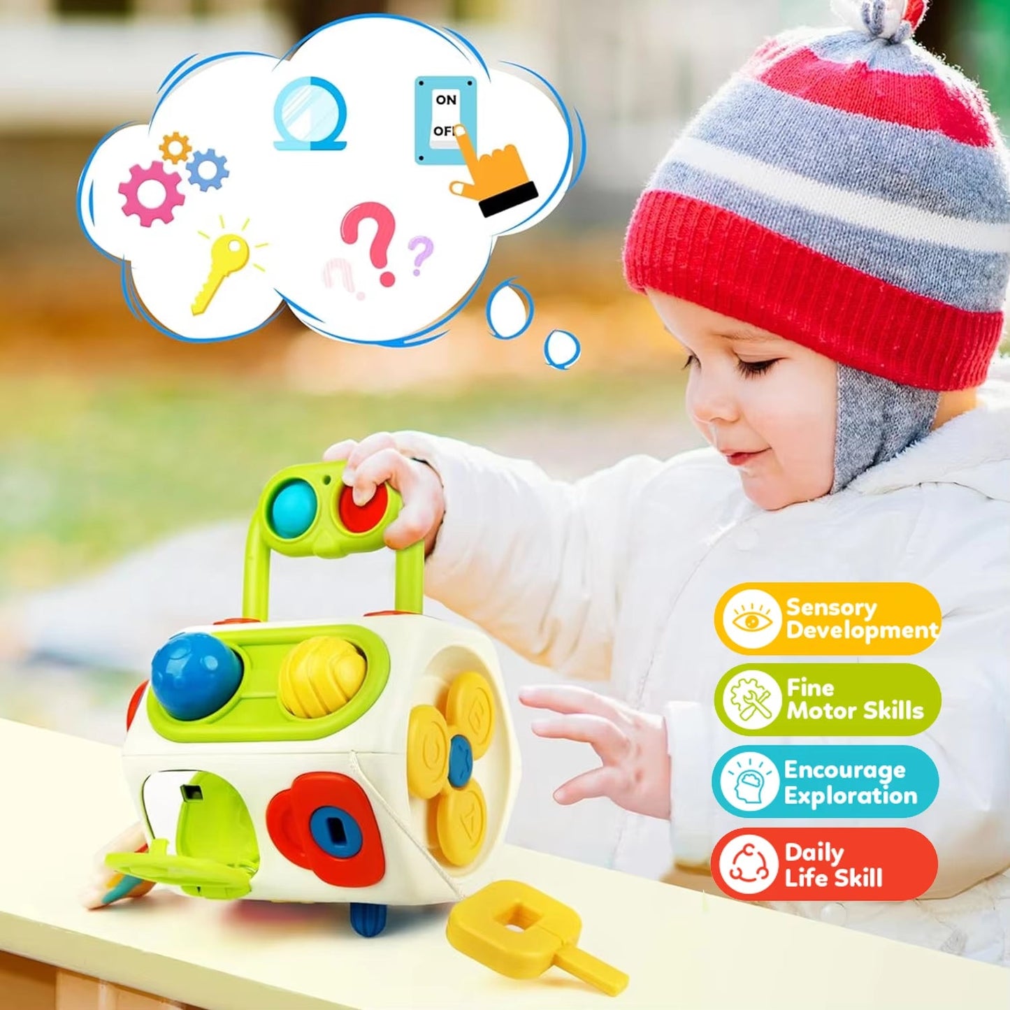 Montessori Busy Cube Toy with 10 Activities in 1, Brain Development Functions for Kids Ages 18+ Months