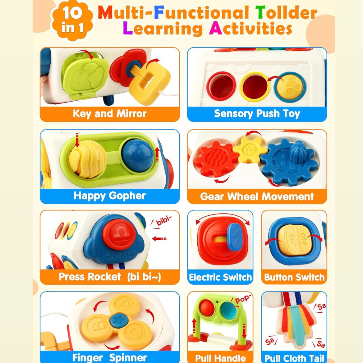 Montessori Busy Cube Toy with 10 Activities in 1, Brain Development Functions for Kids Ages 18+ Months