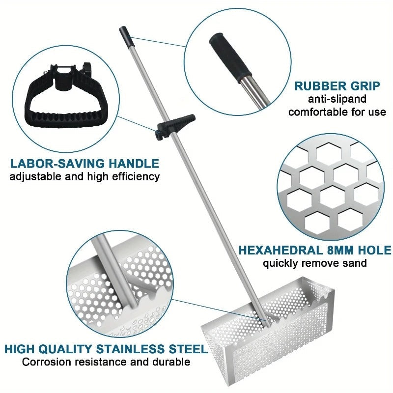 Stainless Steel Beach Sand Rake with Long Adjustable Folding Handle