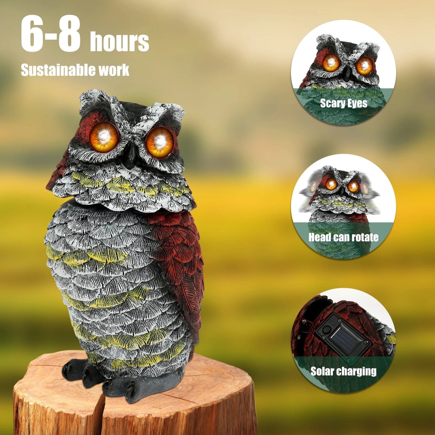 Pest Repeller Solar Powered Owl Waterproof Resin Owl Statue for Garden Decor