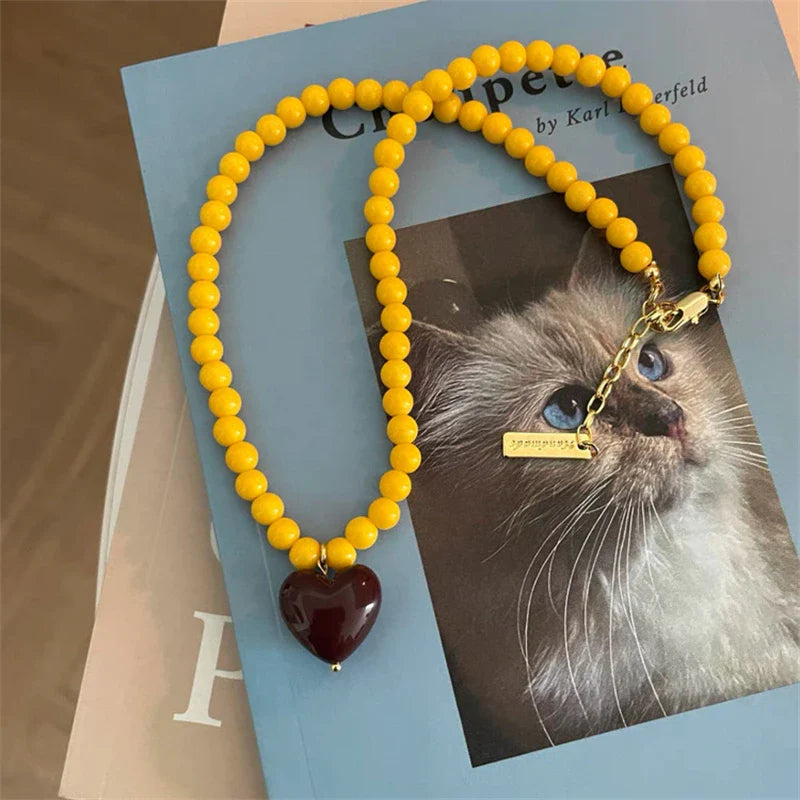 Vintage Green Beaded Pink Heart Necklace Valentine'S Day