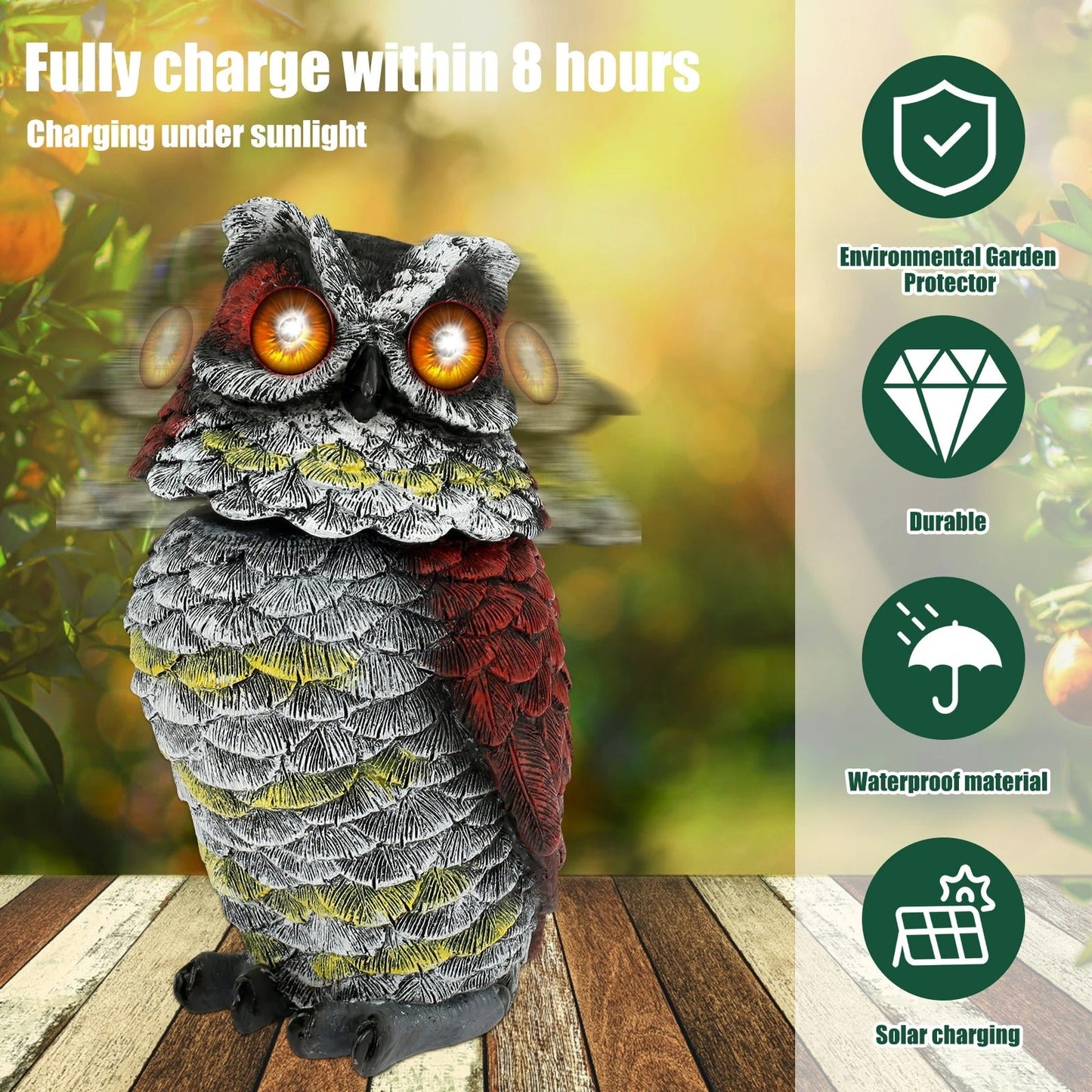 Pest Repeller Solar Powered Owl Waterproof Resin Owl Statue for Garden Decor