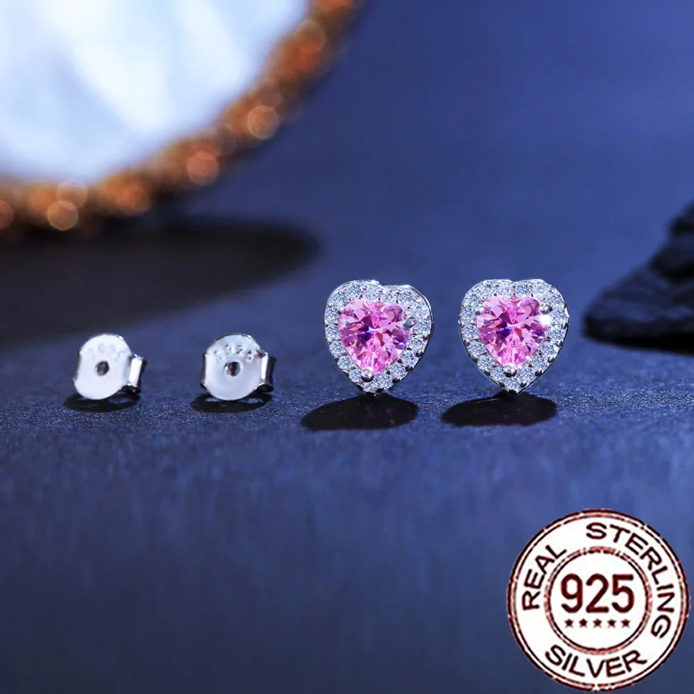 Valentines Gifts For Her 925 Silver Pink Zircon Heart Stud Earrings
