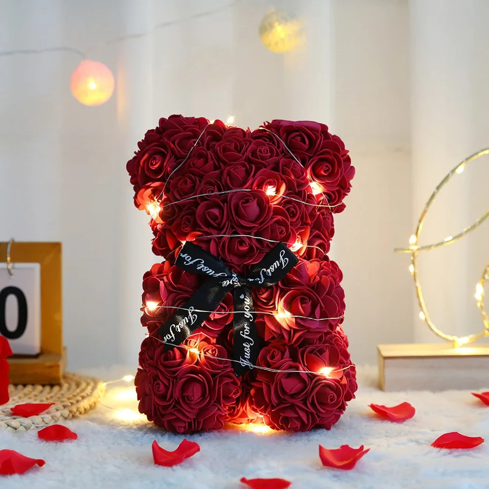 25Cm Rose Bear With Gift Box And Warm Lights