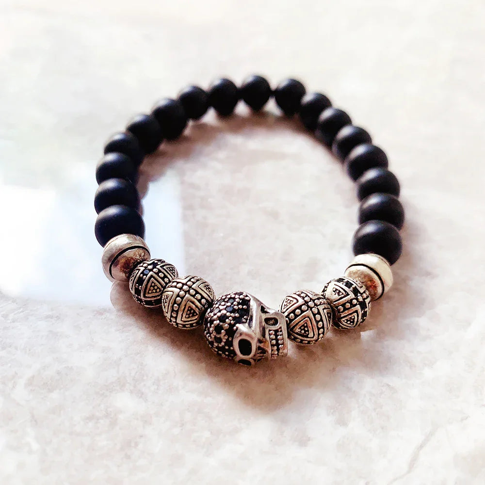 Valentines Gifts For Him Skull Cross Obsidian Bead Bracelet 925 Silver