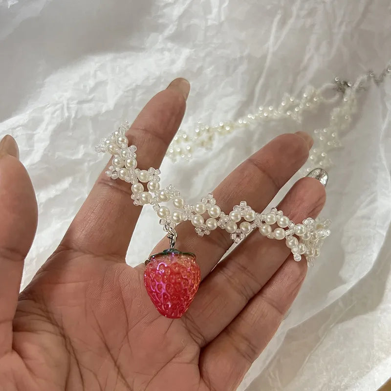 Pearl Strawberry Pendant Choker Necklace Valentine'S Day