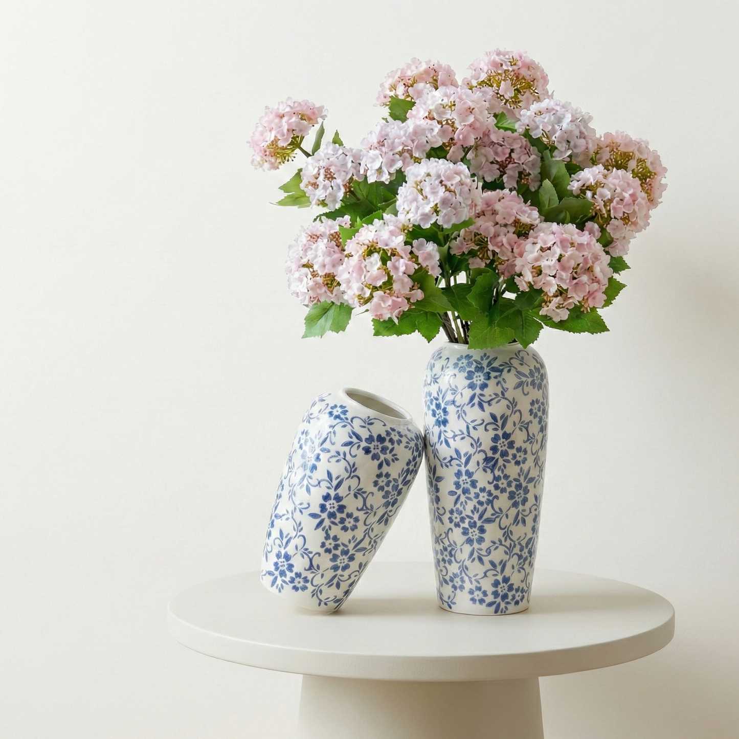 Set of 2 Blue Floral Ceramic Vases