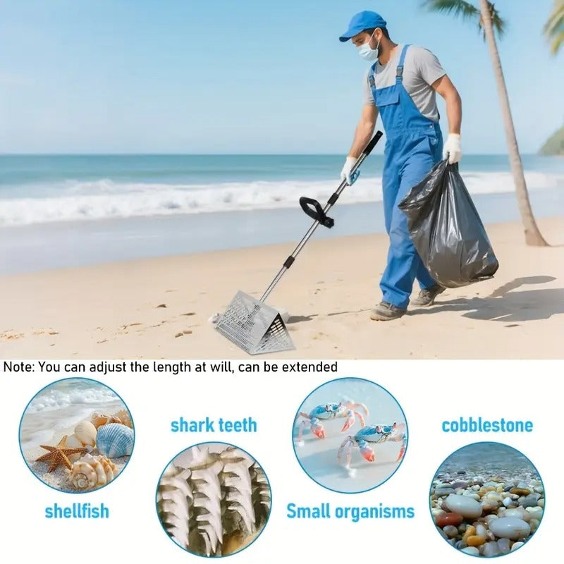 Stainless Steel Beach Sand Rake with Long Adjustable Folding Handle