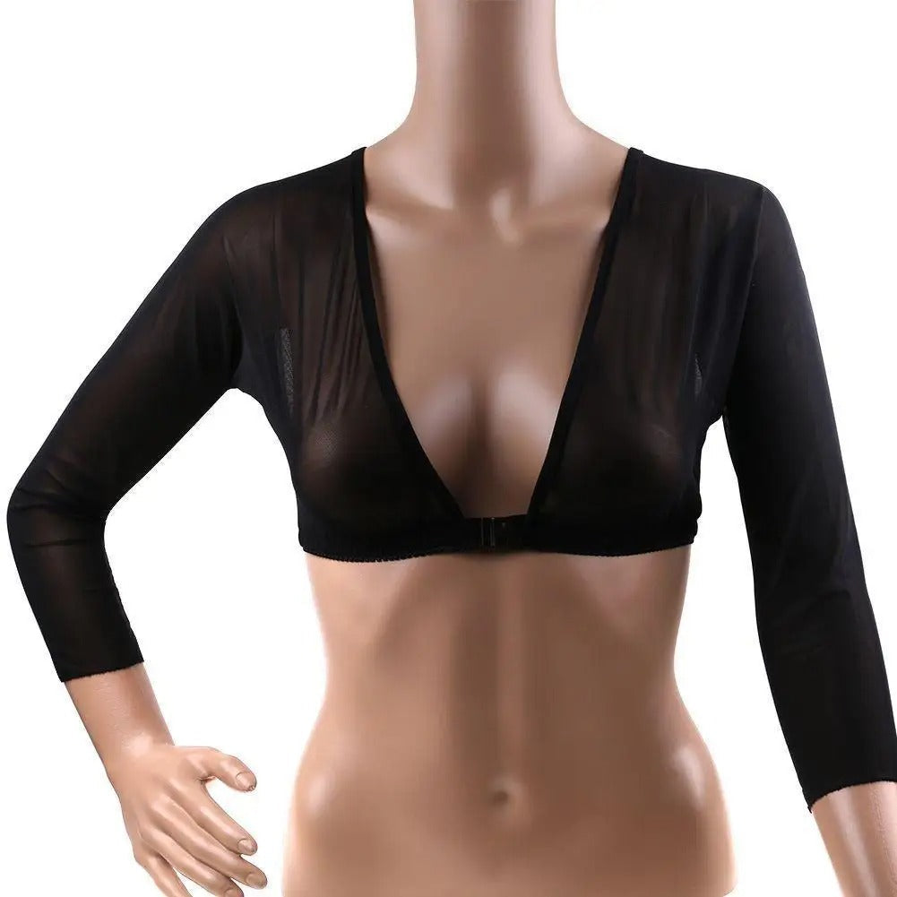 Women Fashion Front Button Long-Sleeved Mesh Crop Top