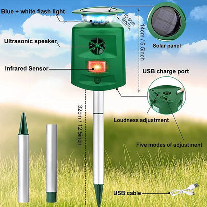 360° Ultrasonic Solar Animal Repeller with LED Light