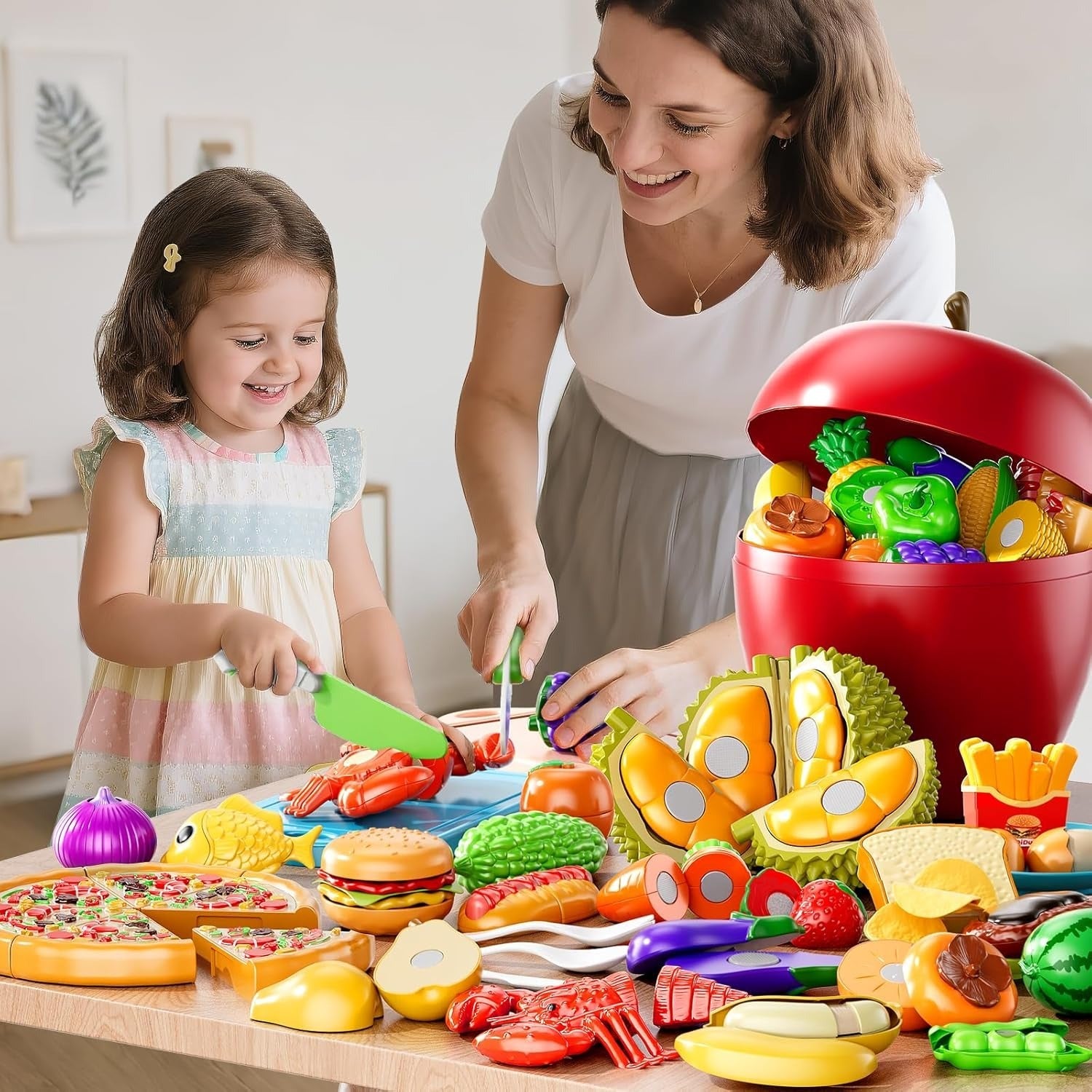 Fruit and Vegetable Cutting Toy Set with Apple-Shaped Storage Box, Easy to Carry, Safe for Ages 3+