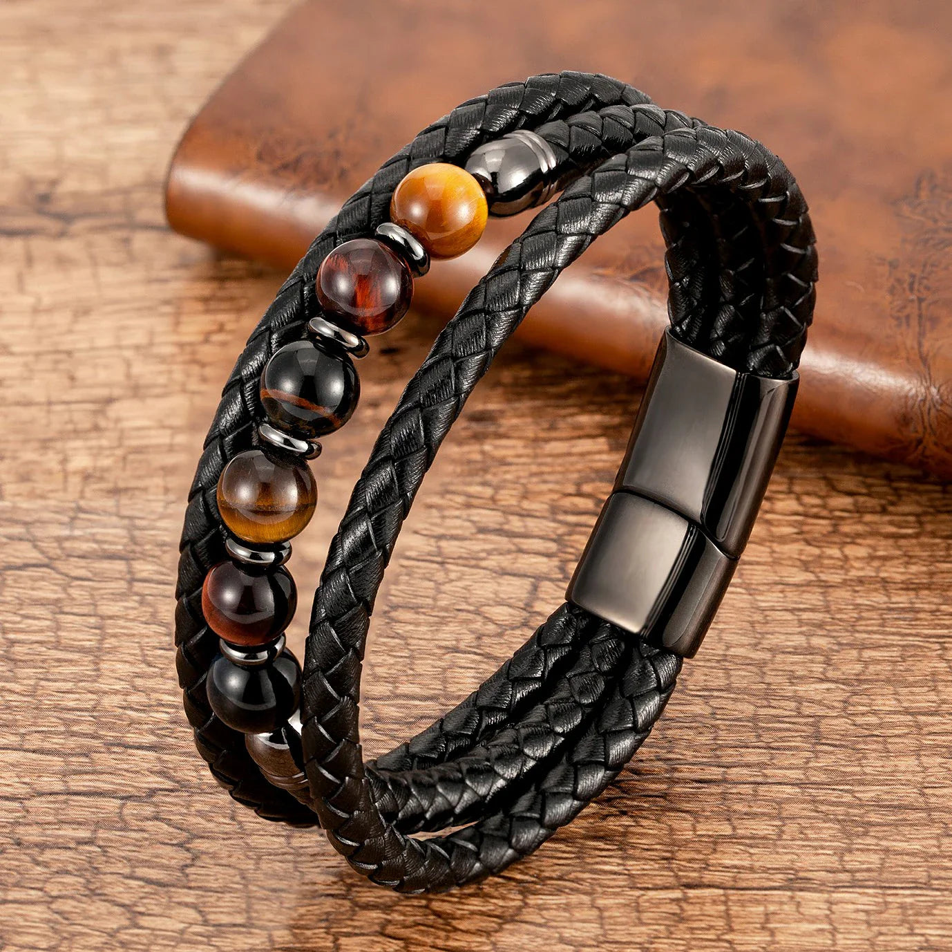 Valentines Gifts For Him Tiger Eye Stone Leather Bracelet Magnetic Clasp