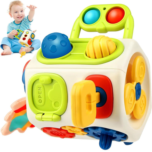 Montessori Busy Cube Toy with 10 Activities in 1, Brain Development Functions for Kids Ages 18+ Months