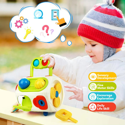 Montessori Busy Cube Toy with 10 Activities in 1, Brain Development Functions for Kids Ages 18+ Months