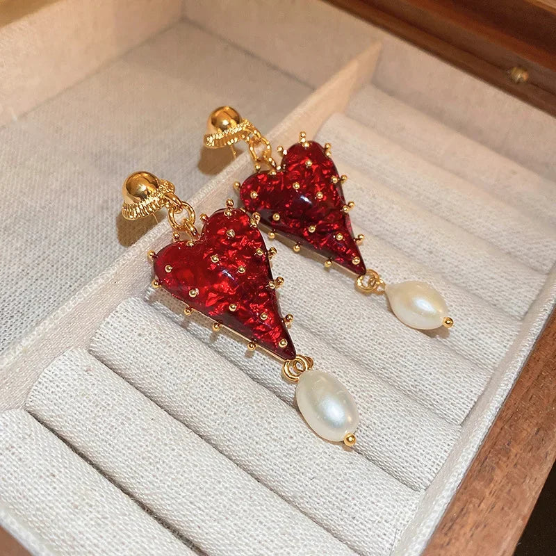 Valentines Gifts For Her Red Heart Pearl Drop Earrings Women