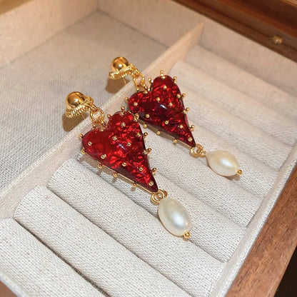 Valentines Gifts For Her Red Heart Pearl Drop Earrings Women