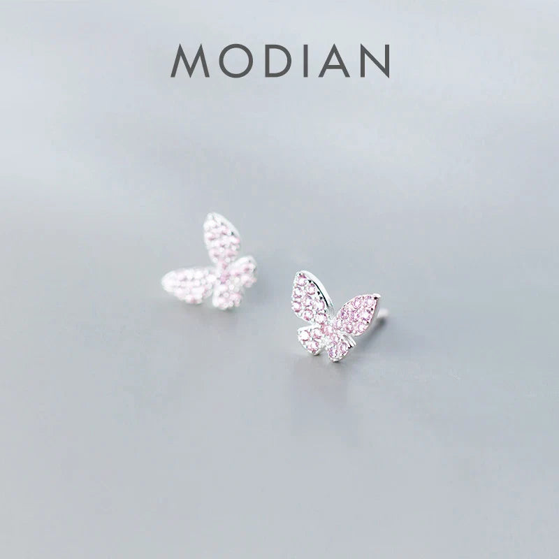 Valentines Gifts For Her 925 Silver Pink Crystal Butterfly Studs