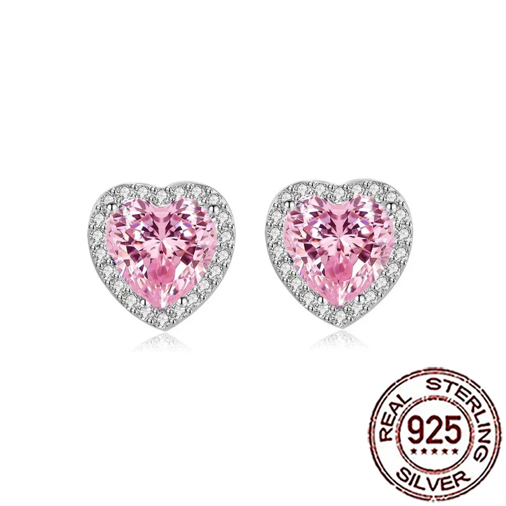 Valentines Gifts For Her 925 Silver Pink Zircon Heart Stud Earrings