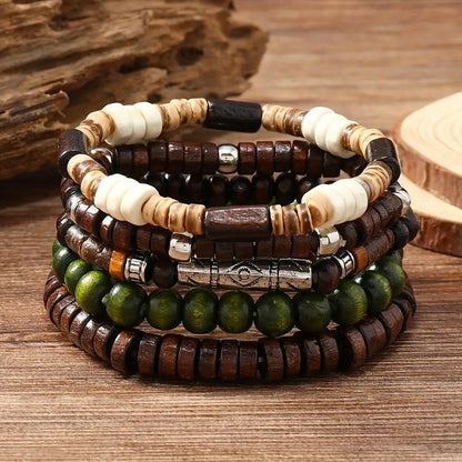 10Pcs Wood Beaded Strand Bracelets Set Valentines Gifts For Him