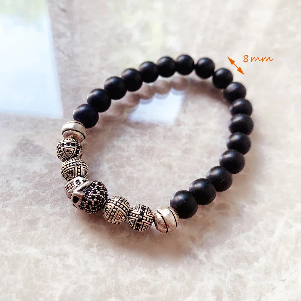 Valentines Gifts For Him Skull Cross Obsidian Bead Bracelet 925 Silver