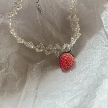 Pearl Strawberry Pendant Choker Necklace Valentine'S Day