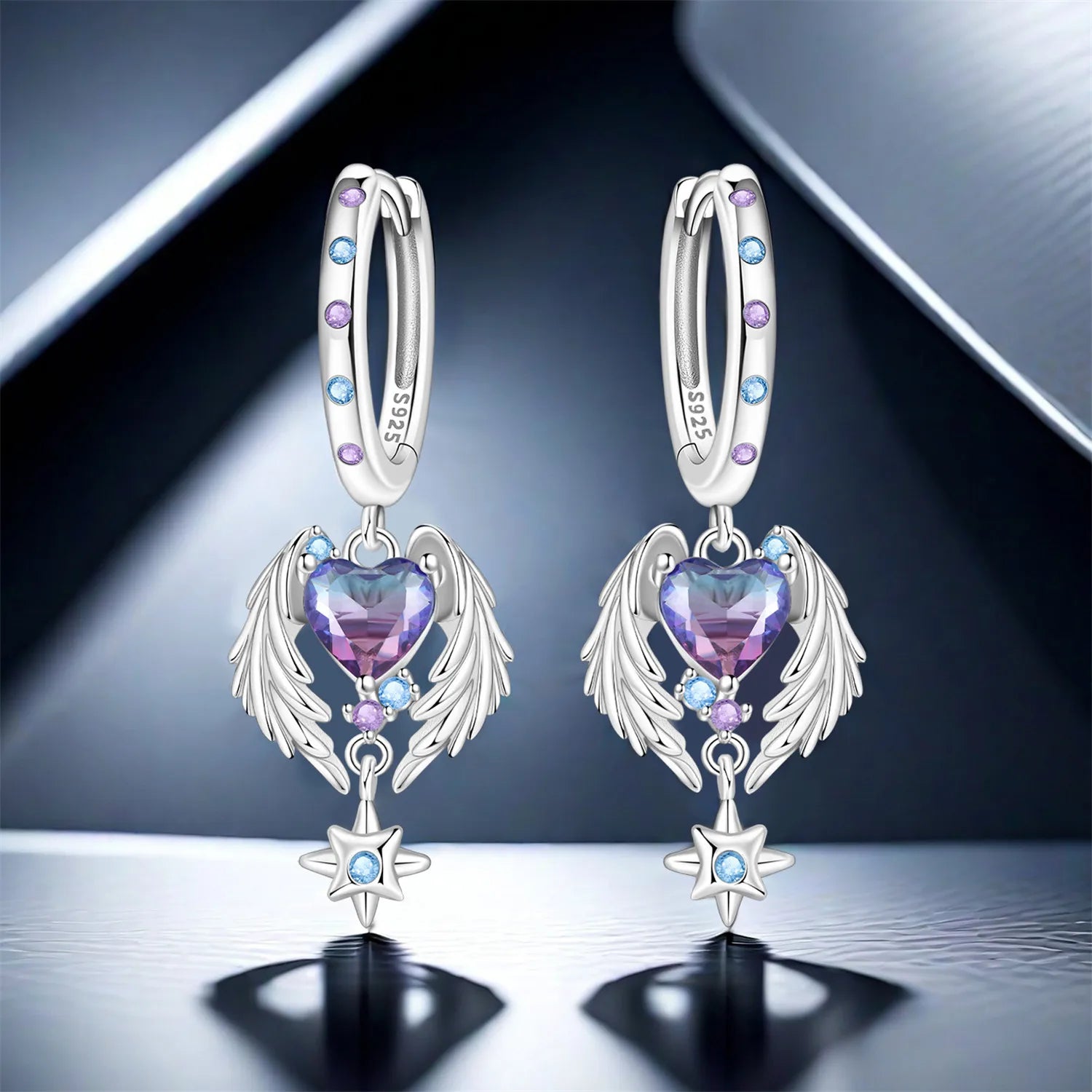 Valentines Gifts For Her 925 Silver Wing Heart Drop Earrings