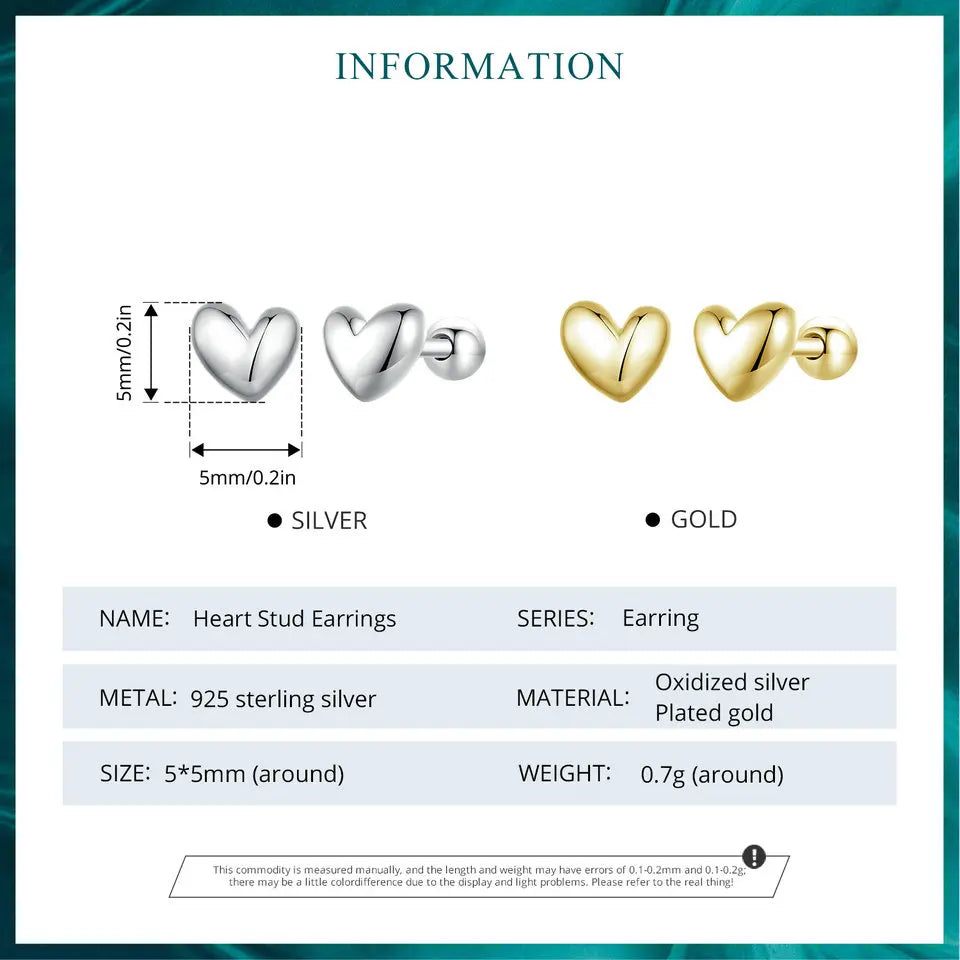 Valentines Gifts For Her 925 Sterling Silver Gold Heart Stud Earrings