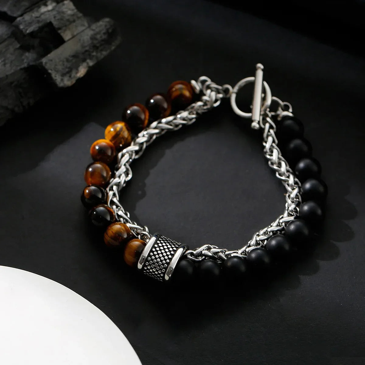 Valentines Gifts For Him Tiger Eye Beaded Stainless Steel Bracelet