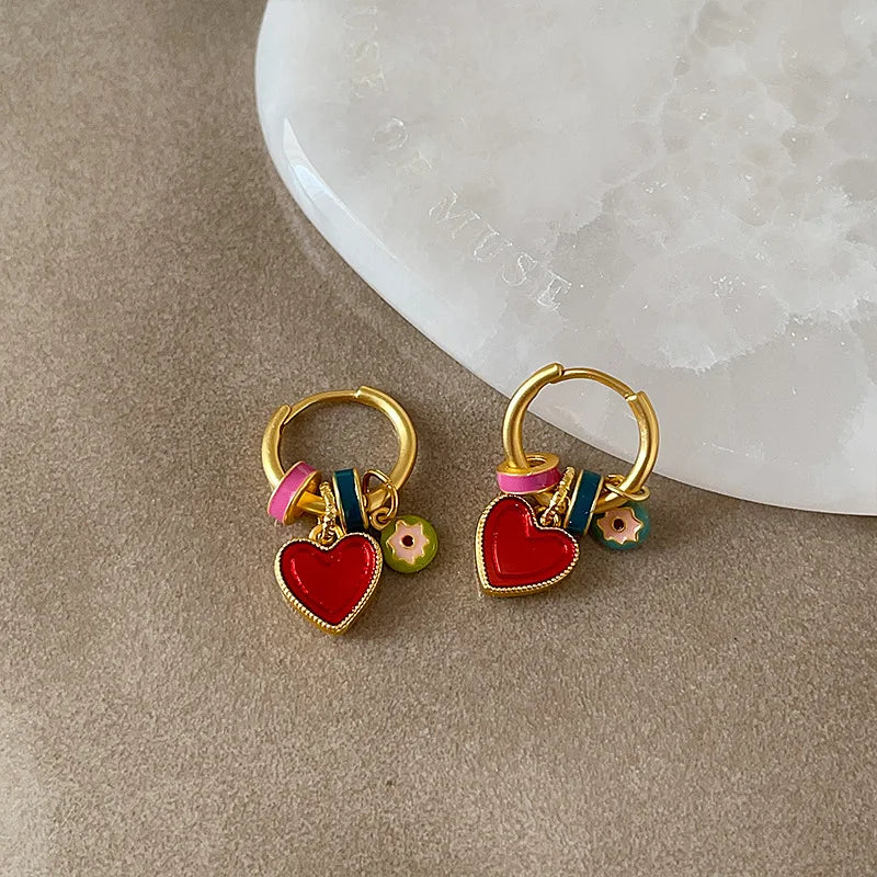 Gold Plated Hoop Earrings With Enamel Heart Charms Valentines Gifts For Her
