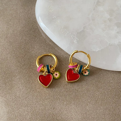 Gold Plated Hoop Earrings With Enamel Heart Charms Valentines Gifts For Her