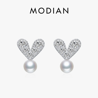 Valentines Gifts For Her 925 Sterling Silver Pearl Zircon Heart Stud Earrings