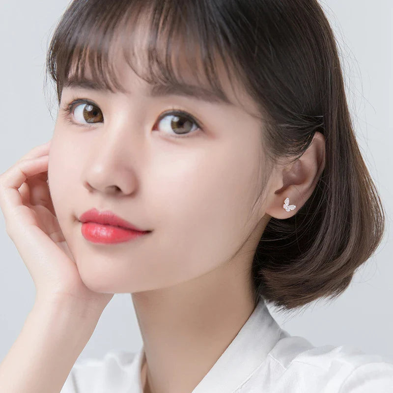 Valentines Gifts For Her 925 Silver Pink Crystal Butterfly Studs