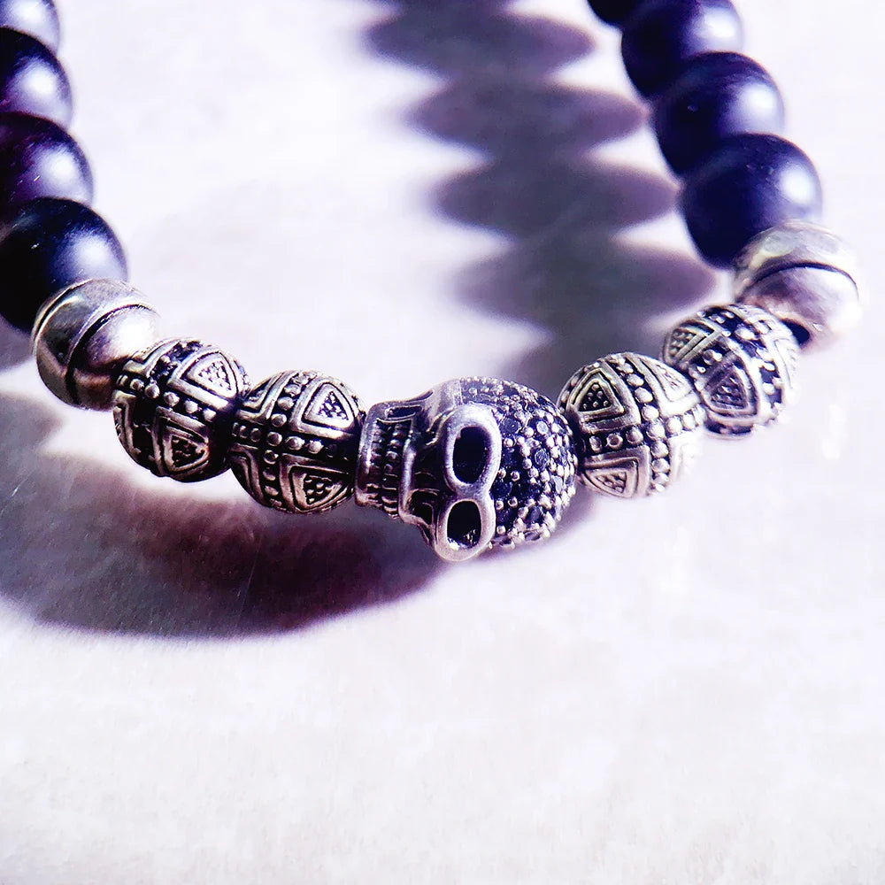 Valentines Gifts For Him Skull Cross Obsidian Bead Bracelet 925 Silver