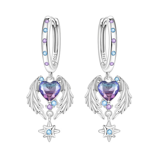 Valentines Gifts For Her 925 Silver Heart Wing Drop Earrings