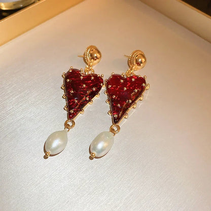 Valentines Gifts For Her Red Heart Pearl Drop Earrings Women
