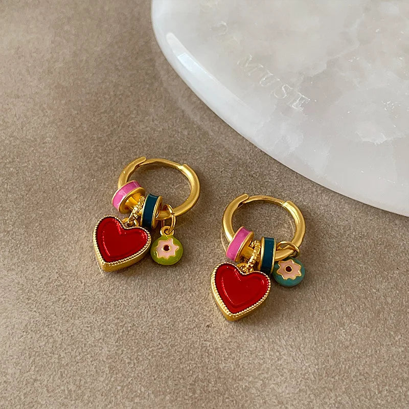 Gold Plated Hoop Earrings With Enamel Heart Charms Valentines Gifts For Her