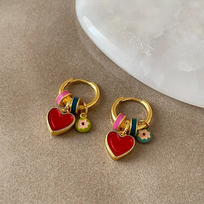 Gold Plated Hoop Earrings With Enamel Heart Charms Valentines Gifts For Her