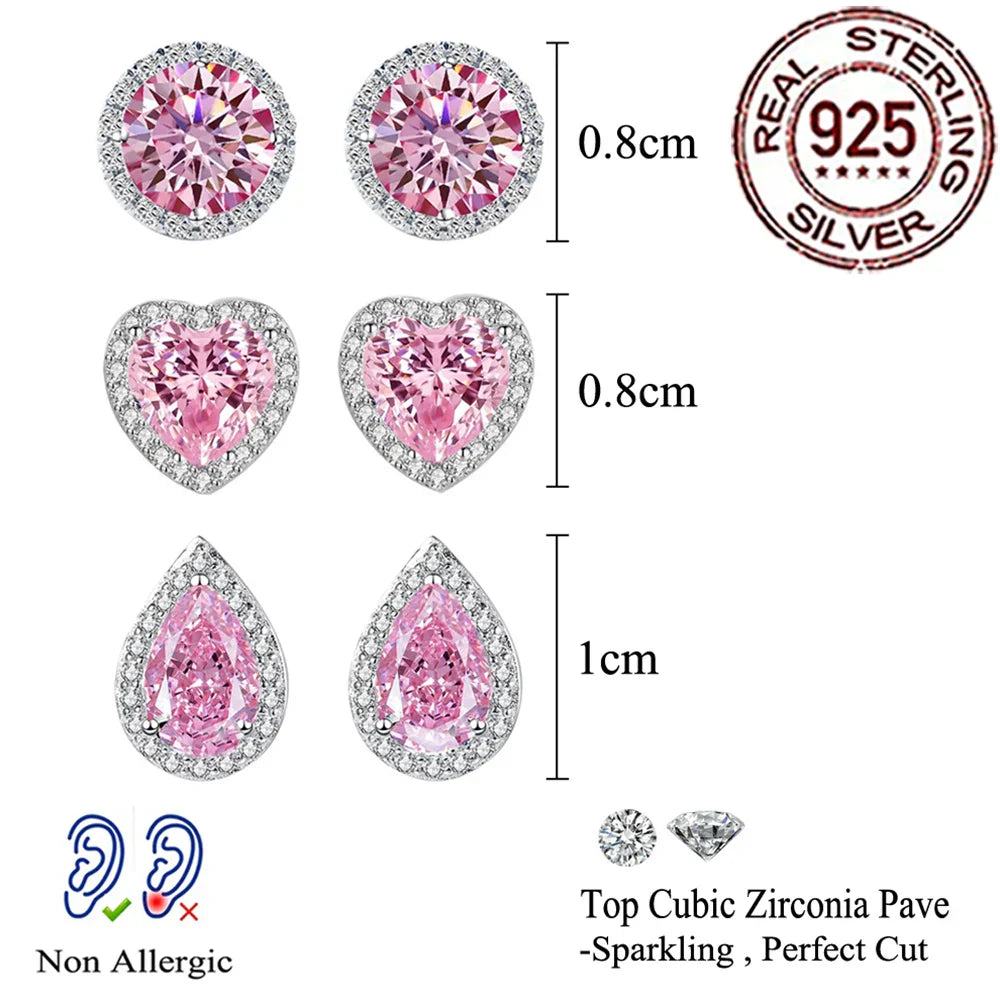 Valentines Gifts For Her 925 Silver Pink Zircon Heart Stud Earrings
