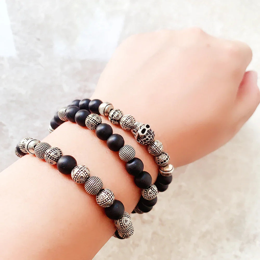 Valentines Gifts For Him Skull Cross Obsidian Bead Bracelet 925 Silver