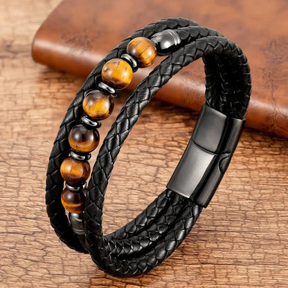 Valentines Gifts For Him Tiger Eye Stone Leather Bracelet Magnetic Clasp