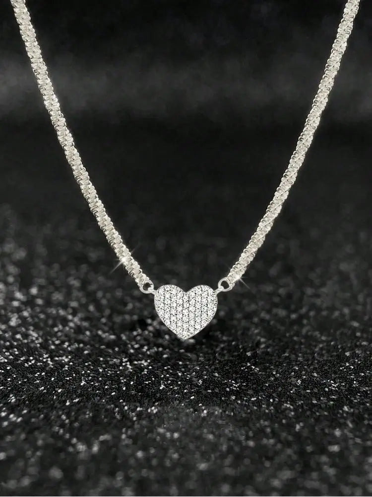 925 Silver Zircon Heart Pendant Necklace Valentine'S Day Gift