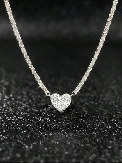 925 Silver Zircon Heart Pendant Necklace Valentine'S Day Gift