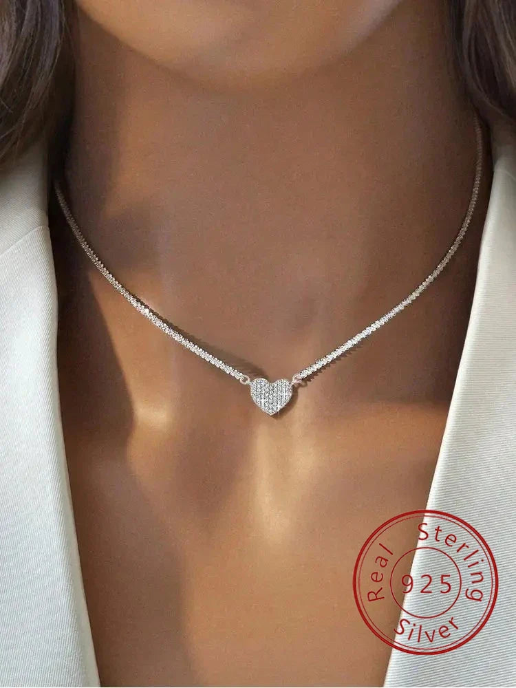 925 Silver Zircon Heart Pendant Necklace Valentine'S Day Gift