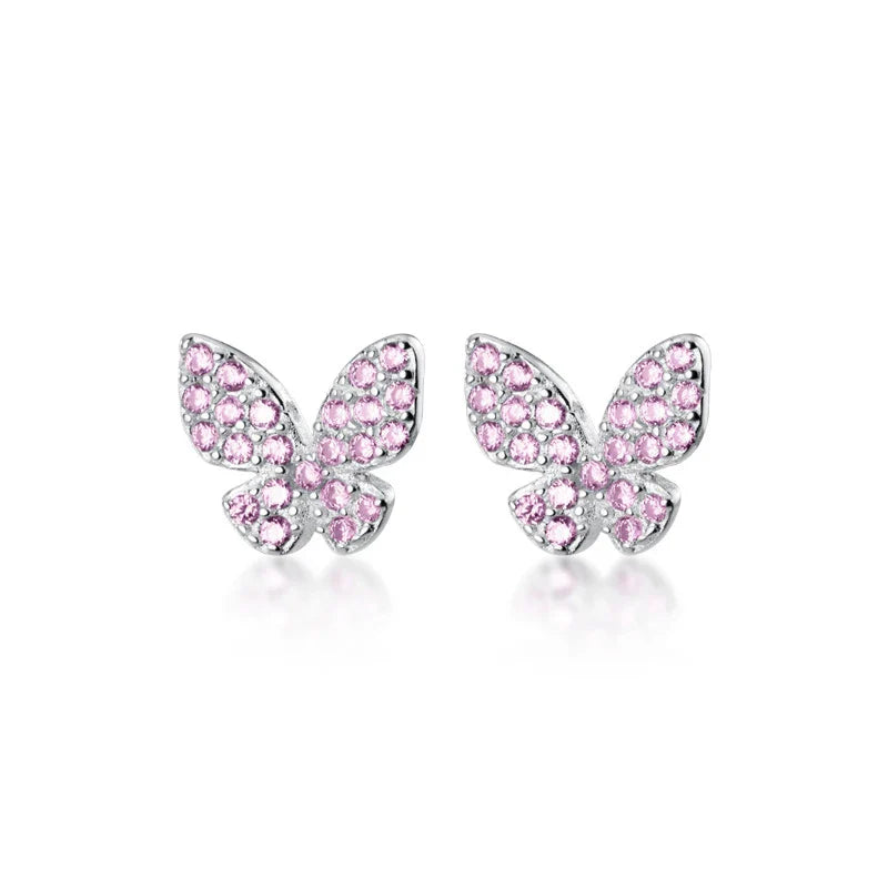 Valentines Gifts For Her 925 Silver Pink Crystal Butterfly Studs