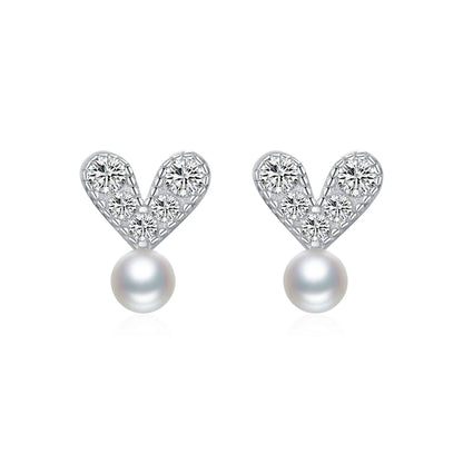 Valentines Gifts For Her 925 Sterling Silver Pearl Zircon Heart Stud Earrings